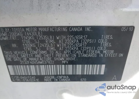 2010 Toyota Rav4 z USA, uszkodzony, nr VIN 2T3ZF4DV5AW037822